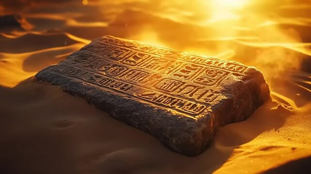 Ancient stone tablet with inscriptions illuminated by sunset in a sandy desert landscape