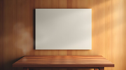 A blank white poster hanging on a wooden wall above a wooden table, minimalist interior