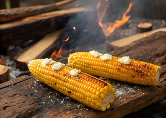 Grilled corn on the cob cooking over open flames