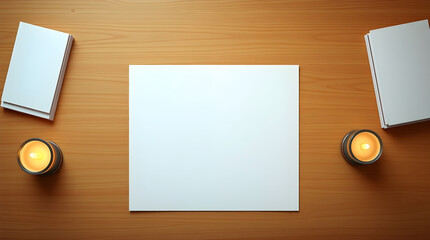 A top-down view of a wooden table with stacked white papers and lit candles.