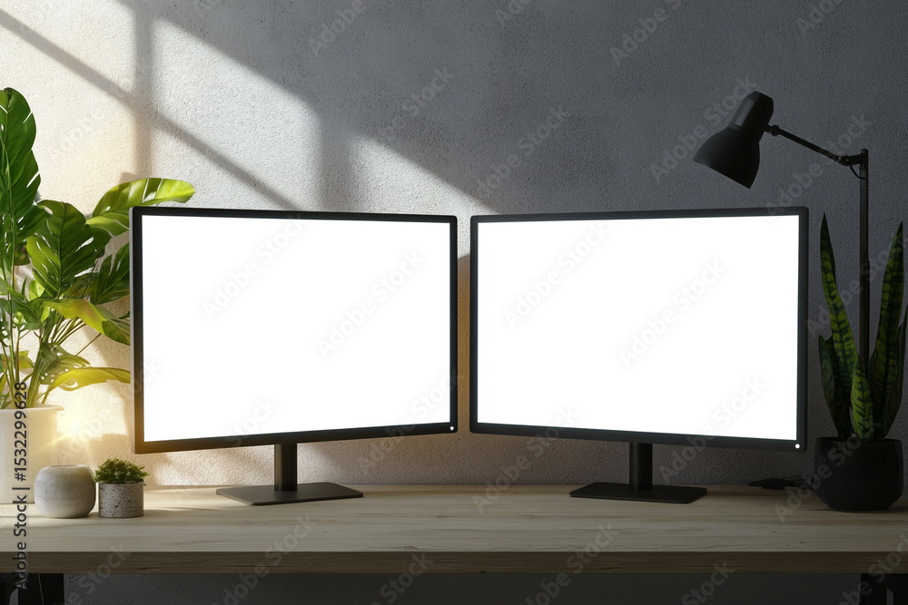 Poster two blank computer screens on a wooden desk with plants and a lamp minimalist workspace setup