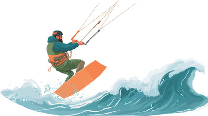Obraz premium The image is a vector illustration depicting a male kiteboarder in action. The style is semi-realistic with a focus on dynamic movement. The kiteboarder is rendered with moderate detail