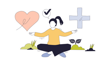 Mental wellbeing is shown by a person meditating, surrounded by a heart, checkmark, and plus sign. Doodle style