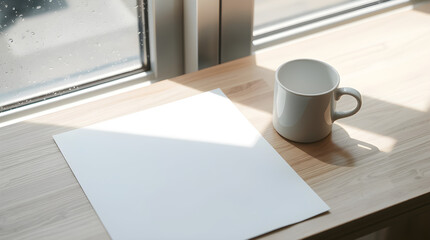 A serene image featuring a white mug, blank paper, and natural light streaming through a window.