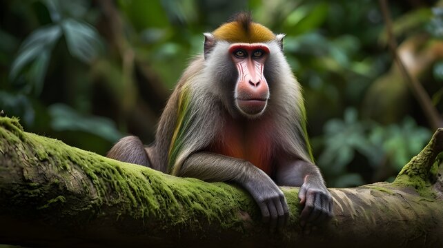 Vibrant Mandrill Resting in Rainforest