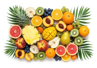 Assorted fresh fruits with tropical leaves arrangement