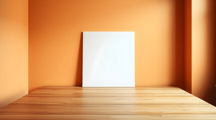 An eye-level shot of a blank white canvas set on a wooden table against an orange wall.