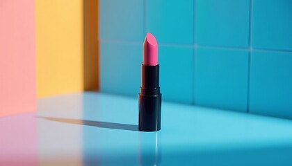 Studio shot of single pink lipstick against colorful backdrop and blue tile.