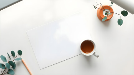 Minimalistic overhead shot of a blank white paper, a cup of coffee, and some decorations.