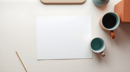 Minimalist still life photograph featuring a blank white paper, coffee cups, and a pencil