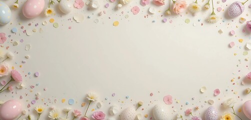 Easter celebration flat lay in pastel tones with egg outlines, floral confetti, and a clean ivory surface.