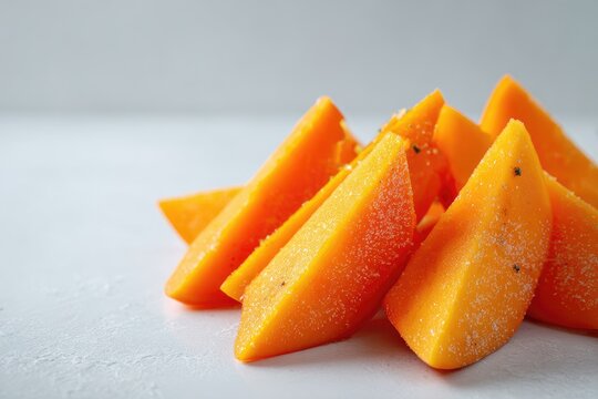 A cluster of bright orange, triangular persimmon slices, lightly dusted with what appears to be sugar or salt, rests on a white surface against a neutral background