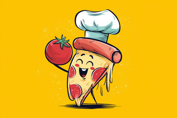 Cartoon Pizza Slice Character with Chef Hat Holding a Tomato on Yellow Background. Perfect for food-related designs, promotional materials, or fun artistic concepts.