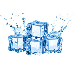 Four clear ice cubes stacked with water splashing around them.