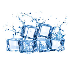 A cluster of six clear, glossy ice cubes with water splashing around them, highlighting their cold, solid, and reflective qualities.