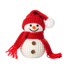 A knitted snowman wearing a red hat with a pom-pom and a matching red scarf, featuring button eyes, a carrot-like nose, and buttons on its body.