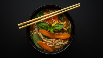 A top-down view of a Vietnamese Pho soup in a matte black ceramic bowl against a black background.