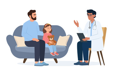 Pediatric checkup of the child. Girl and father at the doctor’s appointment.Pediatrician talking with child patient and dad. Vector Illustration.