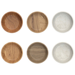 Six round wooden and stone bowls arranged in two rows, each with distinct textures and natural patterns.