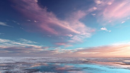 Obraz premium Sky and Sea Reflection: A serene scene capturing the beauty of nature, a stunning cloudscape gracefully mirrored on the still sea, blending hues of blue and pink in a tranquil reflection. 