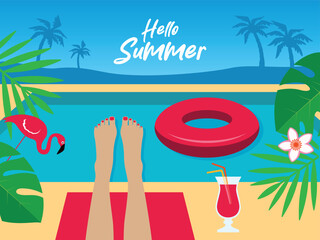 Hello summer banner with woman legs in a swimming pool vector illustration. Woman feet relaxed in swimming pool on a hot summer day vector. Tropical vacation and travel concept