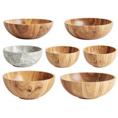 Seven wooden and stone bowls with smooth finishes show natural grain and texture, ideal for serving or decorative use.