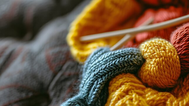 Close-up of colorful knitted yarn balls.