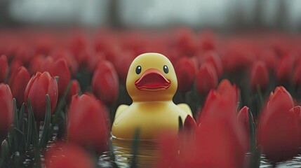 Yellow Rubber Duck in Field of Red Tulips