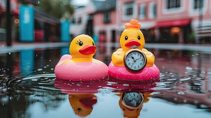 Rubber Duck with Clock on Puddle