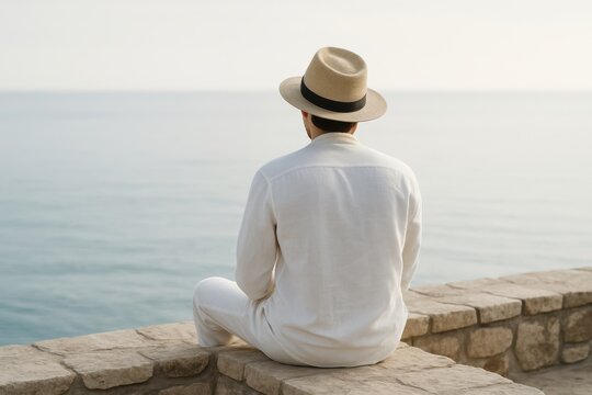 Man in white outfit and straw hat sits on stone wall by the sea, gazing at the calm water, reflecting tranquility and peaceful solitude in a serene coastal environment