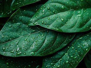 Fototapeta premium Fresh green leaves with water droplets glistening on surface, showing natural texture and vibrant color in closeup