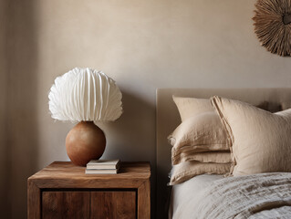 quiet bedroom corner with sculptural paper lamp, raw wood nightstand, folded linen bedding in muted beige