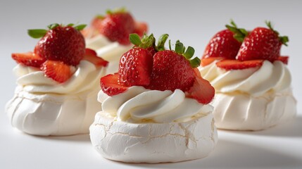 mini pavlova topped with whipped cream and fresh strawberries on white background