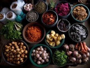 A Culinary Symphony: A vibrant assortment of colorful spices and ingredients is artfully arranged, each a testament to flavor and texture, a culinary artist's palette of possibility.