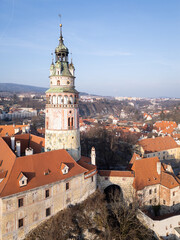 Cesky Krumlov, Czech Republic: Aerial view of the castle tower and palace in the medieval Cesky Krumlov old town in Bohemia in Czech Republic.