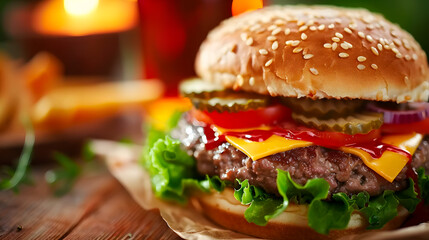 Juicy Cheeseburger with Pickles and Lettuce Close-Up
