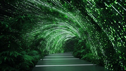 tunnel of glowing data streams transforming into organic vines nature meets technology
