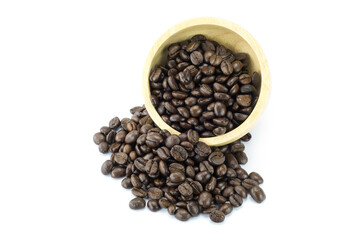 cup of coffee beans, Roasted coffee beans in wooden cup and heap outside isolated on white background close up stack