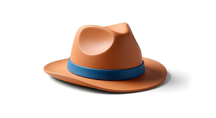 Brown Fedora Hat with Blue Ribbon Isolated on White
