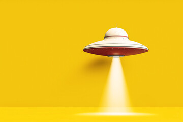 Flying saucer UFO or UAP spaceship hovering in the air and casting light beam spotlight on yellow background.