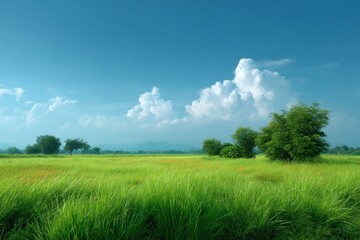 A Peaceful and Lush Green Field Under a Beautiful Blue Sky