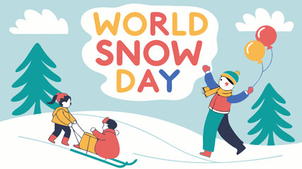 Fun And Colorful World Snow Day Illustration With Children Playing In Snow, Sledding, And Winter Trees For Holiday And Seasonal Design
