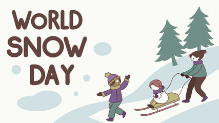 Fun And Colorful World Snow Day Illustration With Children Playing In Snow, Sledding, And Winter Trees For Holiday And Seasonal Design
