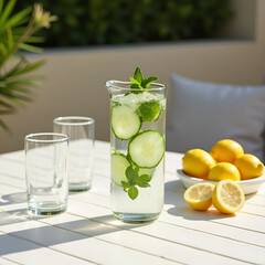 Refreshing Cucumber Lemon Water with Mint in Glass Pitcher on Outdoor Table