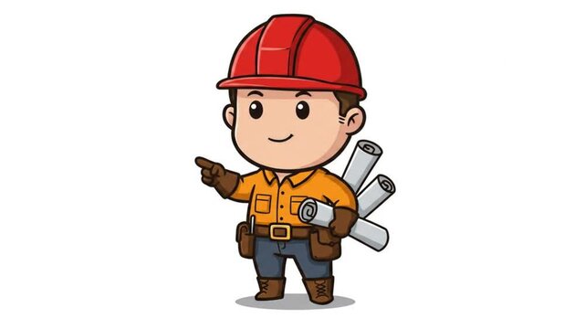 Cute cartoon engineer with blueprints illustration