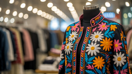 A vibrant floral embroidered jacket displayed on a black mannequin torso in a retail store setting