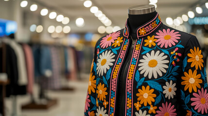 A vibrant floral embroidered jacket displayed on a black mannequin torso in a retail store setting
