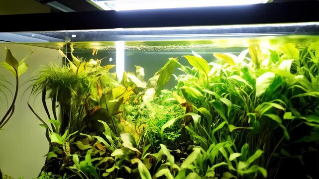 Aquascaped freshwater aquarium with vibrant green plants and sand substrate under bright LED lighting, creating a tranquil underwater landscape.