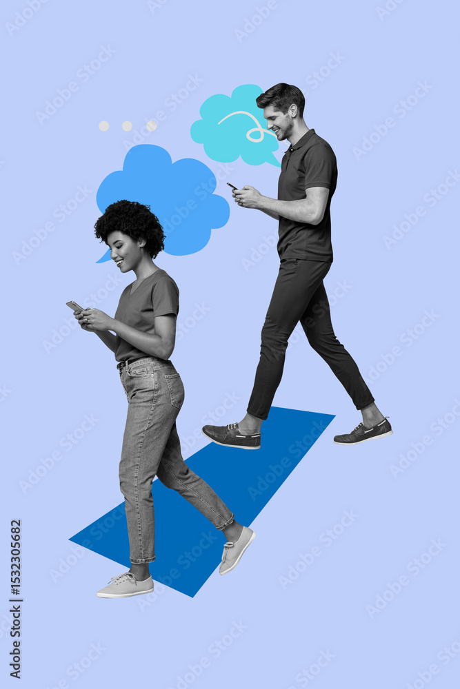 Aufkleber sketch art 3d creative collage of happy girl guy stand colorful cloud notification speech dialogue i