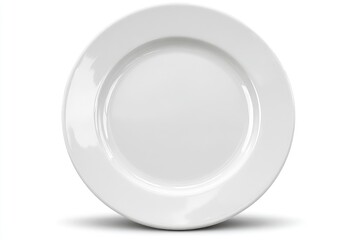 A clean, simple, white dinner plate with a slightly raised rim, shown from a direct overhead perspective against a plain white background, casting a subtle shadow